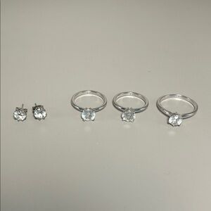 Costume Jewelry Silver Faux Diamond Rings and Stud Earrings